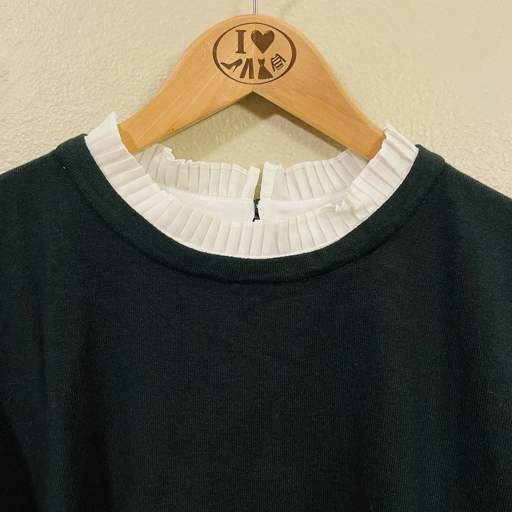 Vila Milano Green Knit Sweater‎ Pleated Mock Neck Cuffs Victorian Wool Blend XL